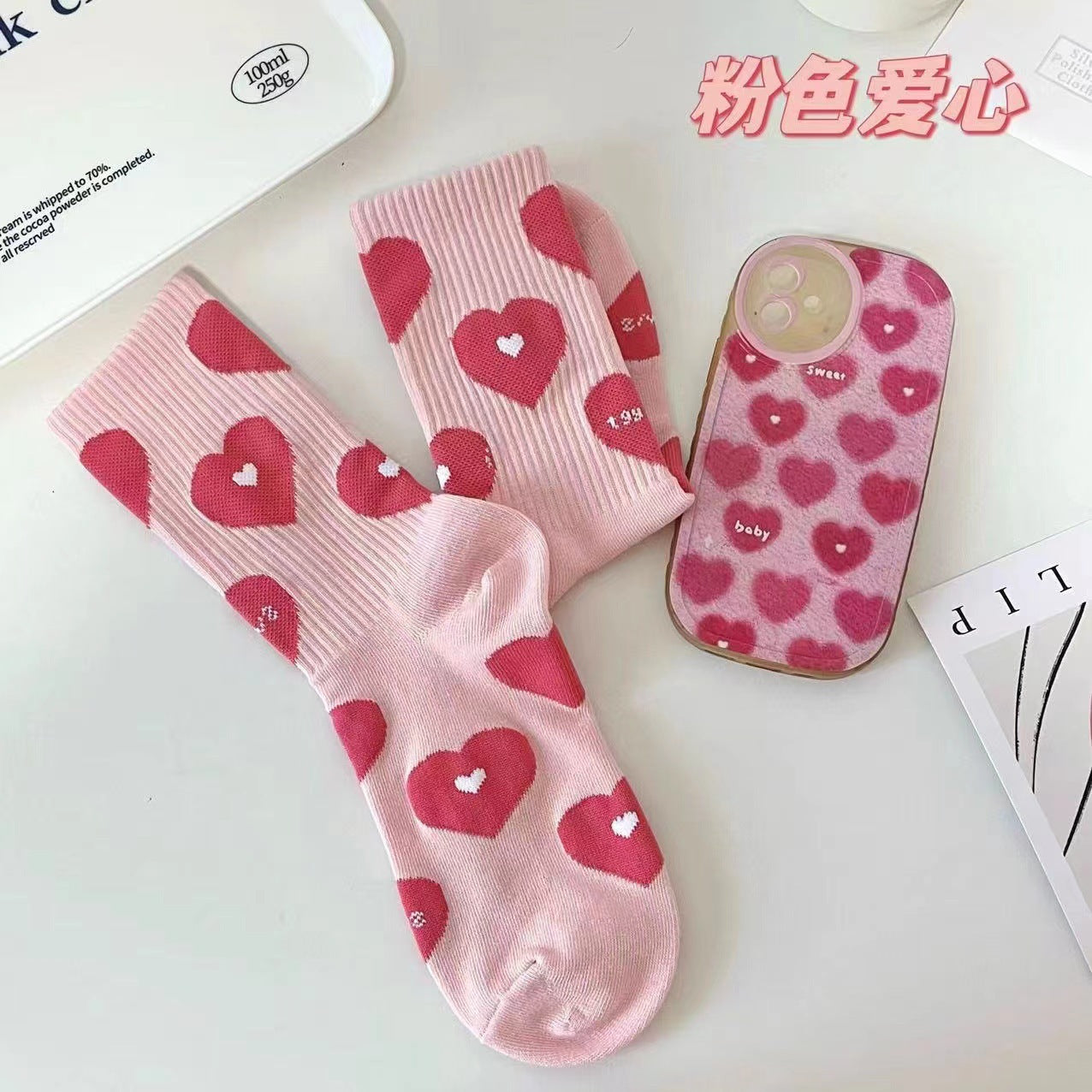 Cute Patterned Pink Crew Socks for Women | Trendy Casual Socks