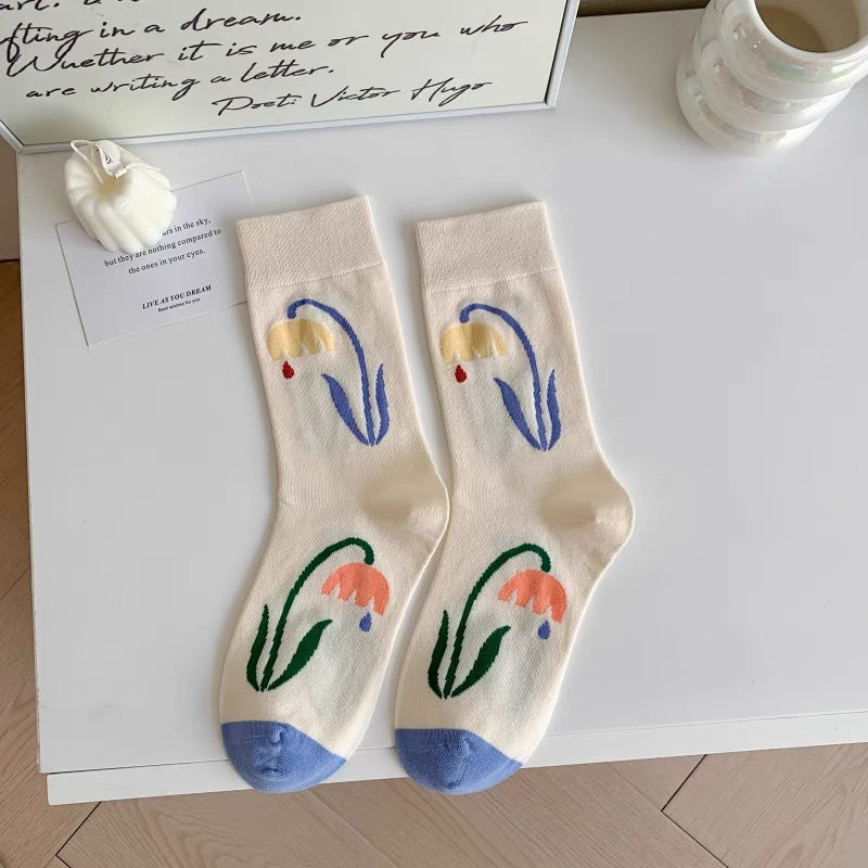 Cute Cream Novelty Crew Socks for Women | Casual Patterned Socks