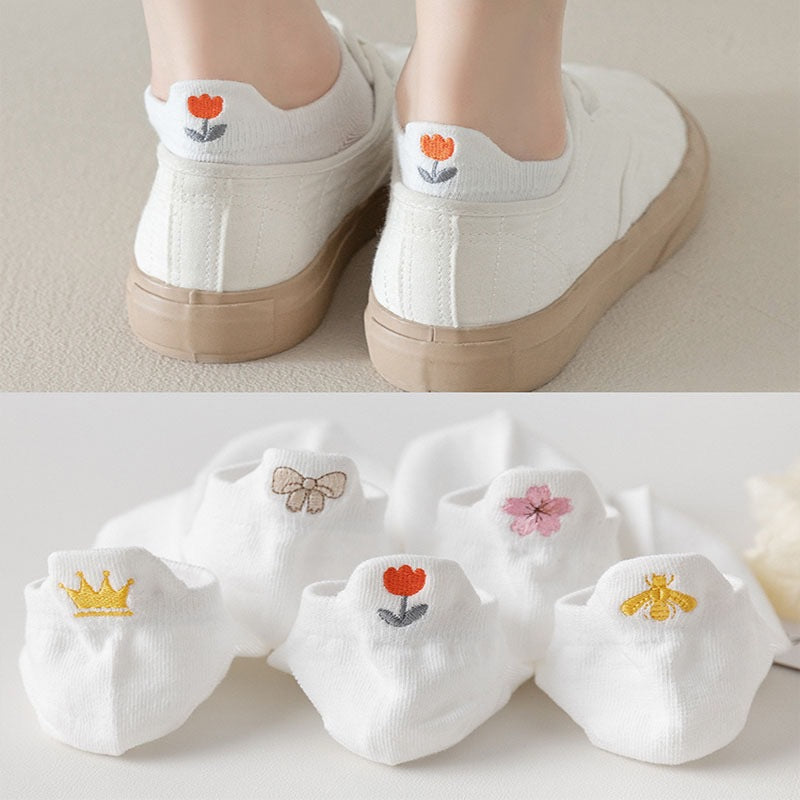 Cute Embroidered No Show Socks for Women | Breathable Cotton