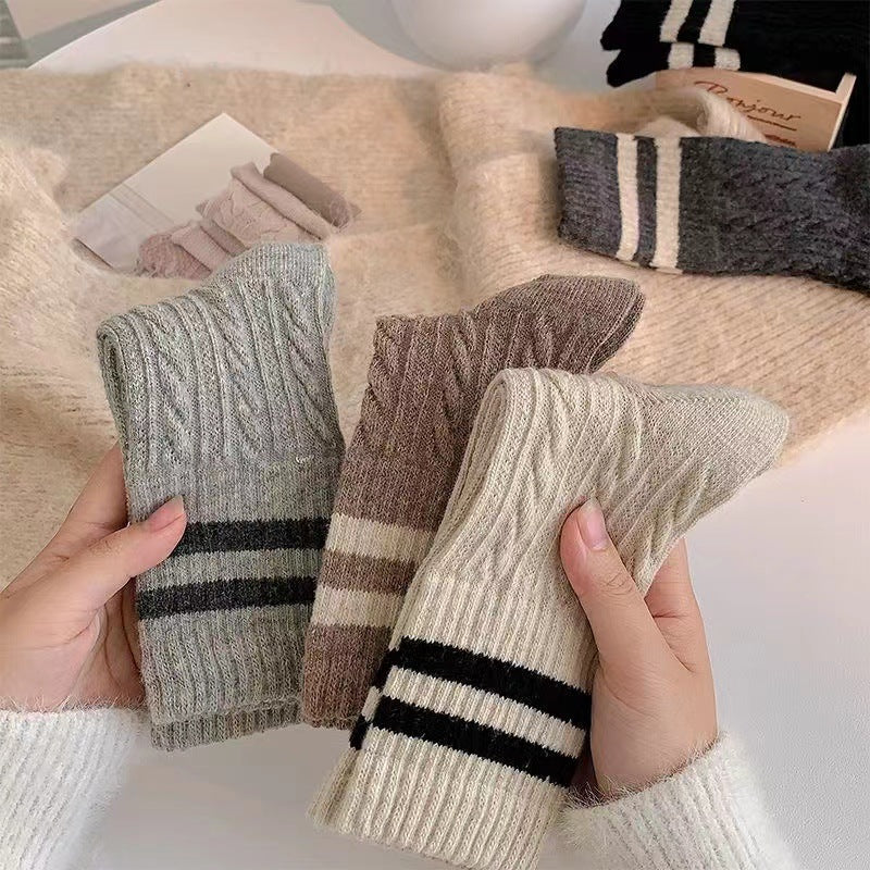 Cable Knit Two-Stripe Cozy Crew Socks for Women