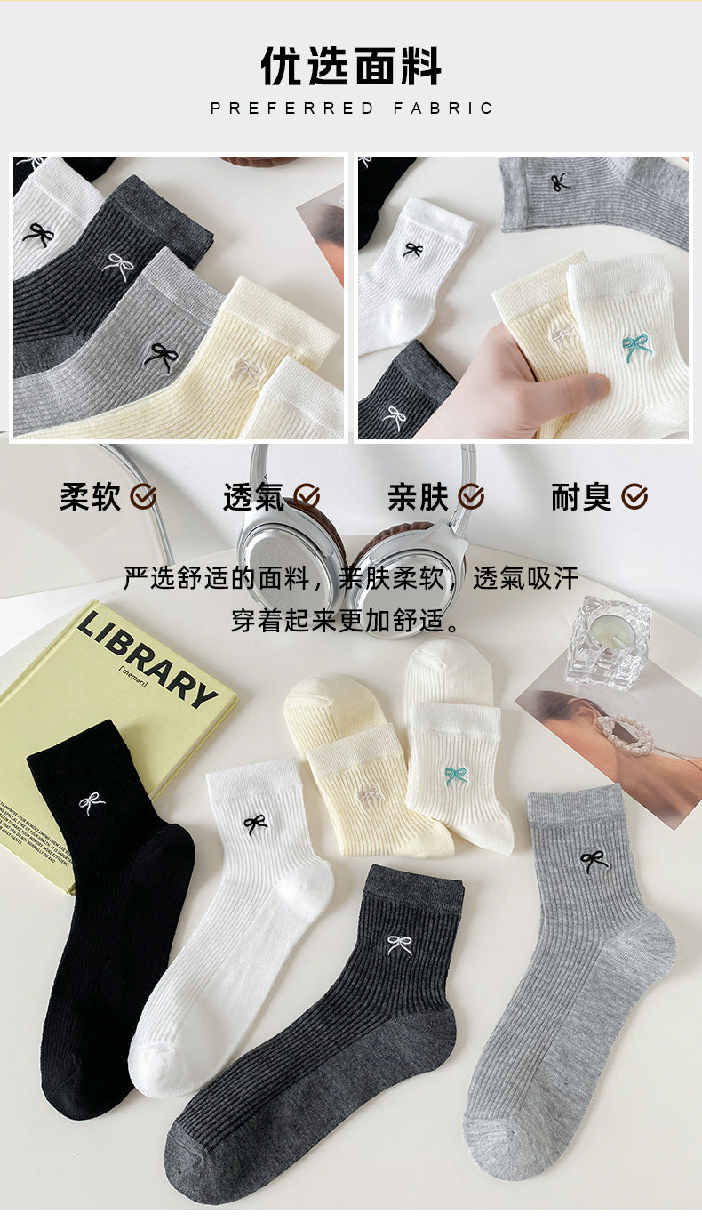 Bow Embroidered Women Ankle Socks | Breathable Cotton Mesh Summer Socks