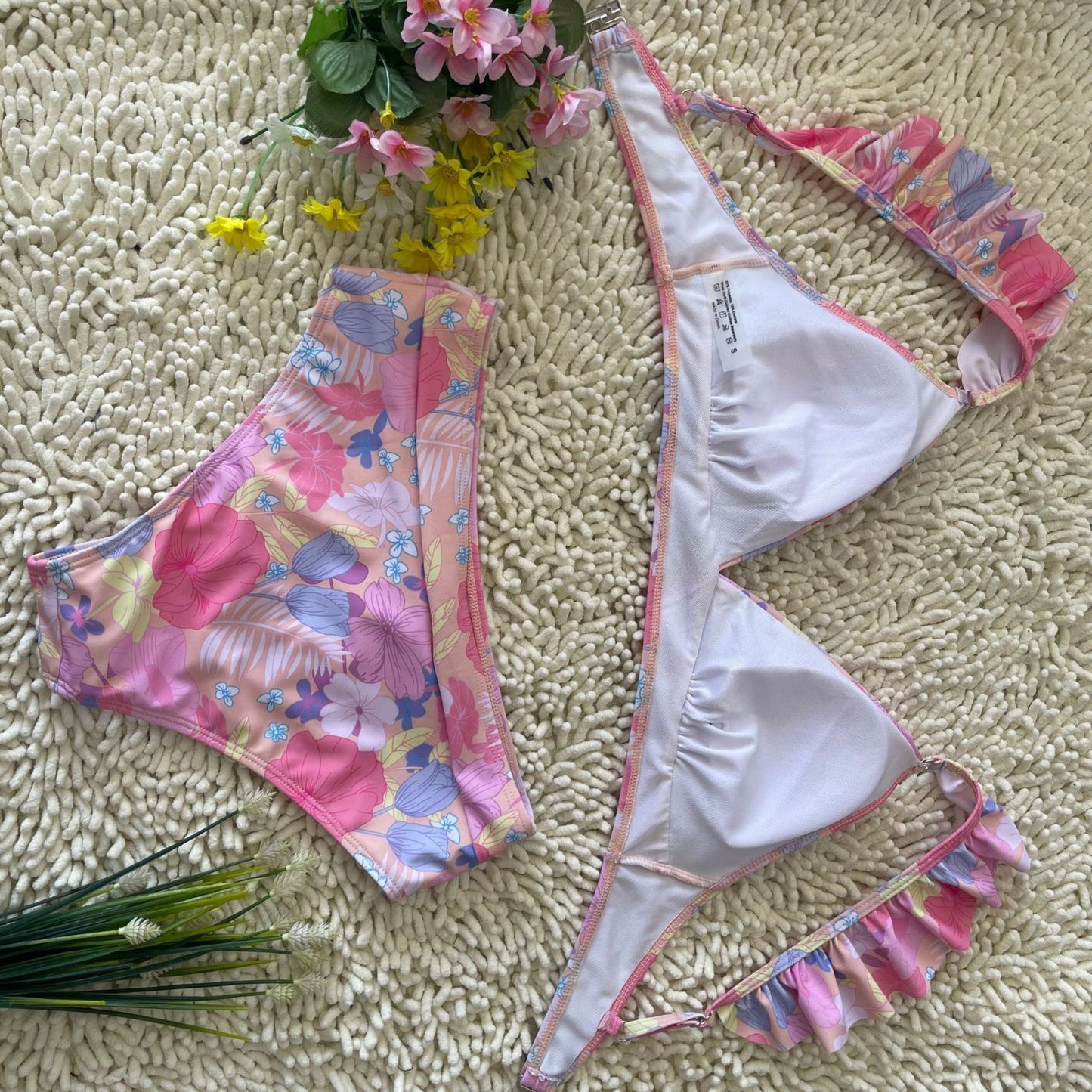 Pink Floral Ruffled High-Waisted Bikini Set | Women's Beach Swimwear