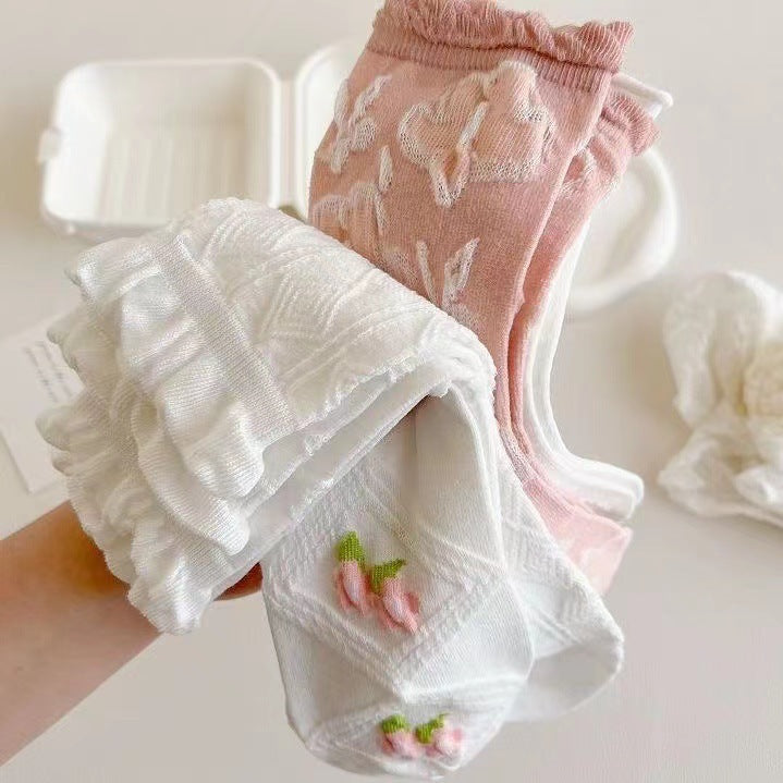 Women's Ruffled Floral Crew Socks | Thin Cotton Spring Summer Socks