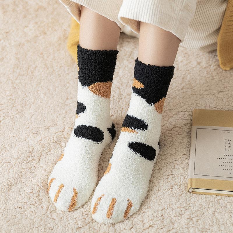 Fuzzy Cat Paw Cozy Crew Socks | Warm Winter Lounge Socks