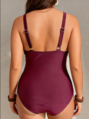 Deep V Halter Plus Size One-Piece Swimsuit | Sexy Purple Swimwear