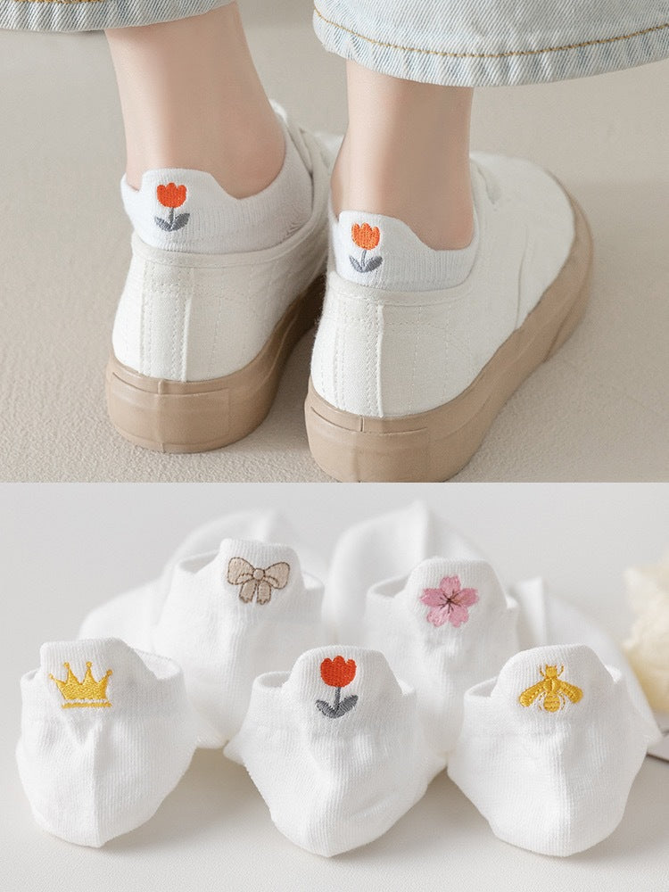 Cute Embroidered No Show Socks for Women | Breathable Cotton