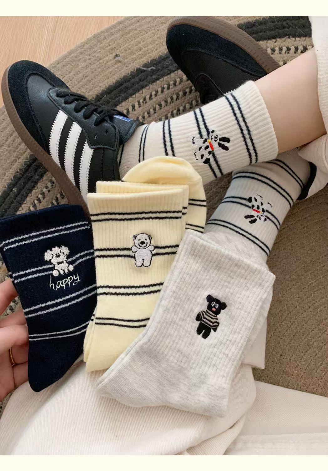 Cute Embroidered Striped Crew Socks for Women