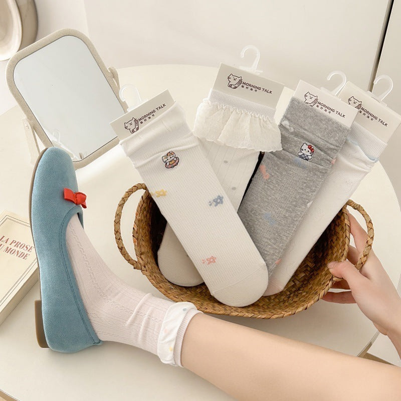 Cute Embroidered Cat Cotton Crew Socks for Women