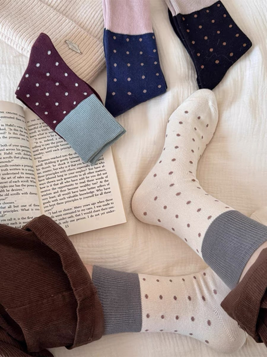 Retro Polka Dot Colorblock Crew Socks for Women