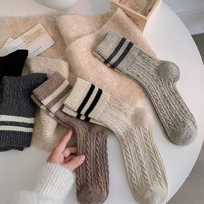 Cable Knit Two-Stripe Cozy Crew Socks for Women