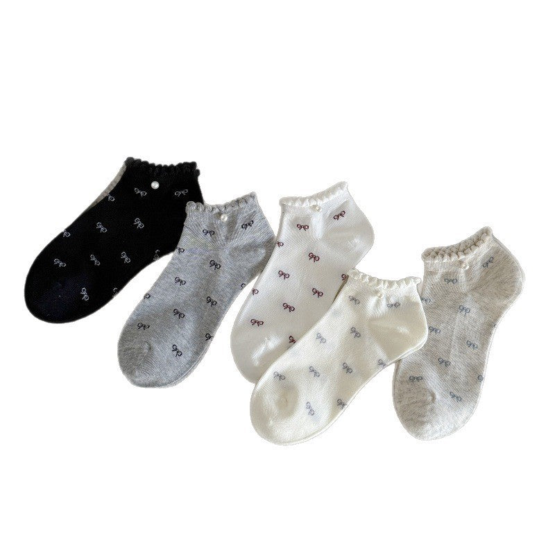 Bow Ruffle Ankle Socks for Women | Thin Summer Patterned Cotton Socks