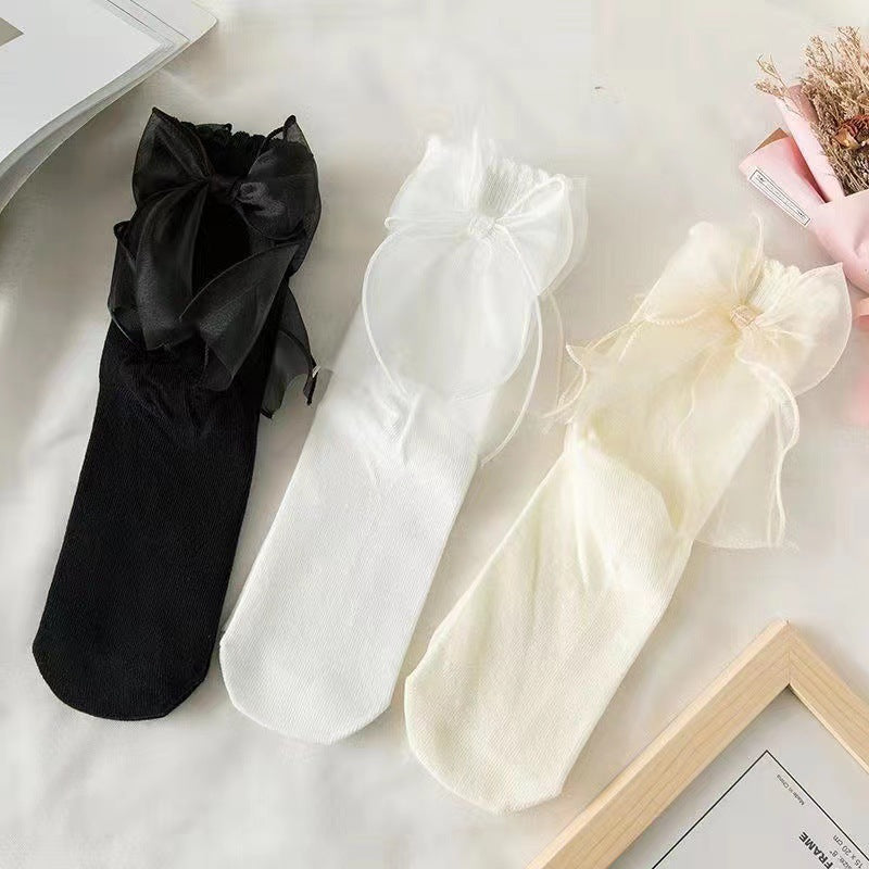 Sheer Bow Ruffle Crew Socks | Cute Lolita JK Socks for Women