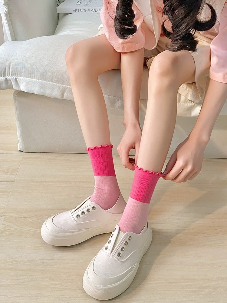 Cute Colorblock Ruffled Cotton Crew Socks for Women