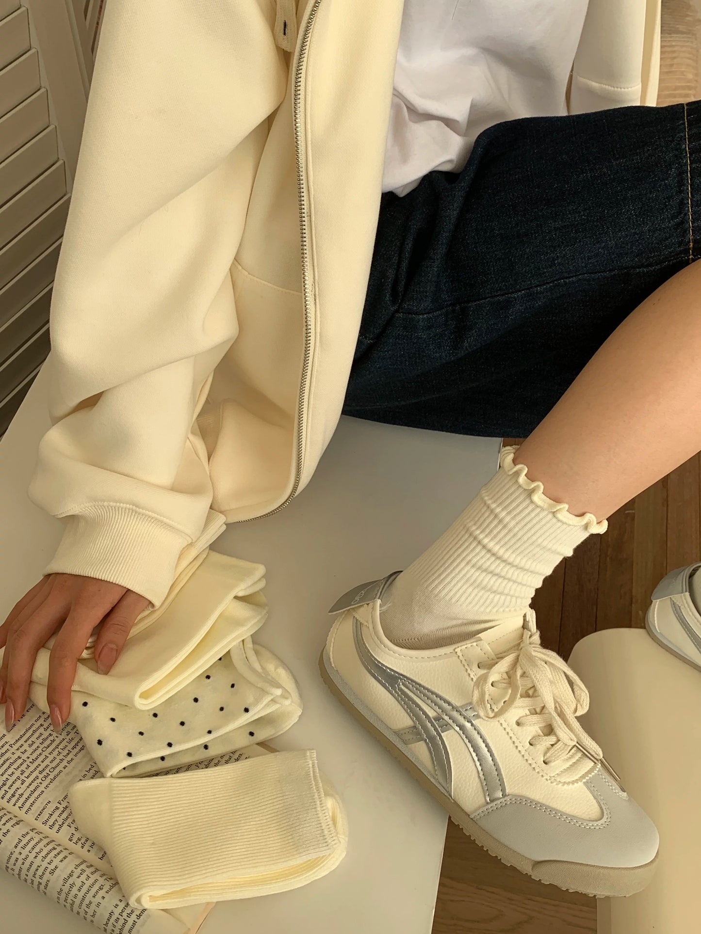 Cream Crew Socks for Women | Cotton Mid-Calf Casual Socks