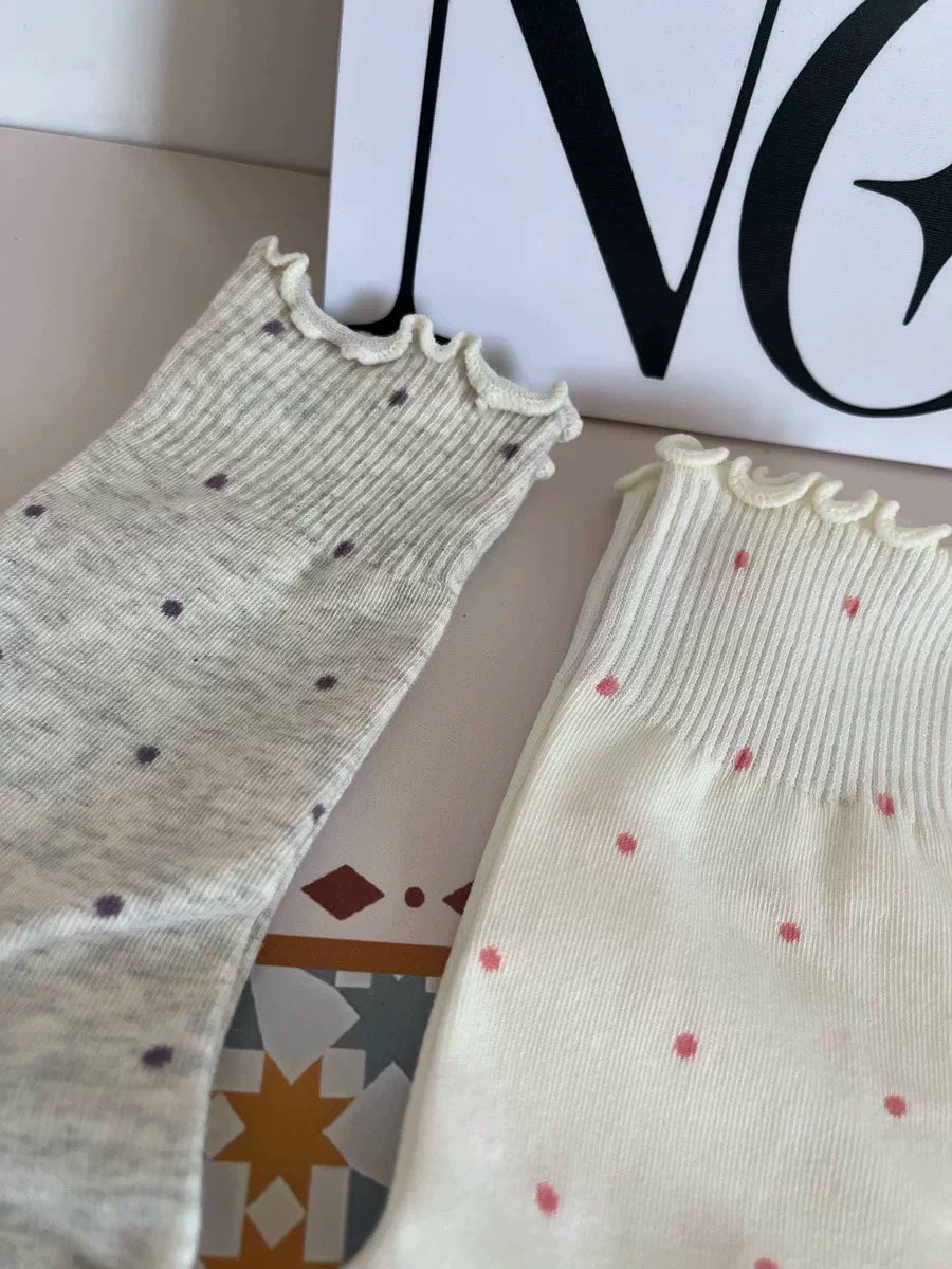 Ruffled Polka Dot Cotton Crew Socks for Women