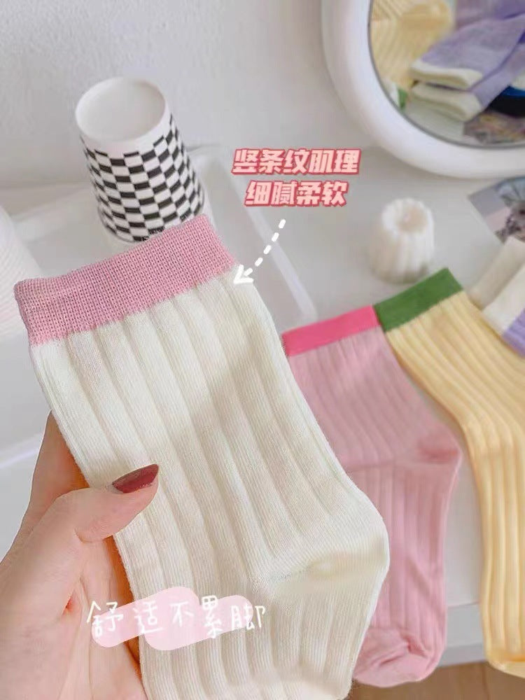Contrast Cuff Crew Socks for Women | Lightweight Striped Cotton Socks