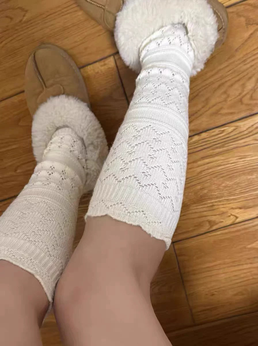 Lace Openwork Cotton Slouch Calf Socks for Women for Boots