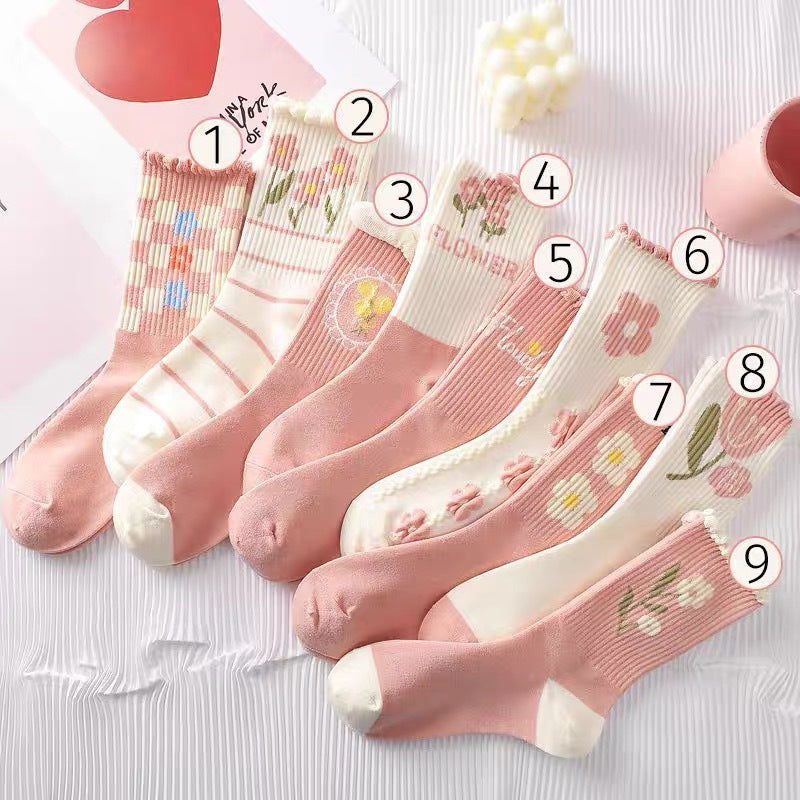 Cute Pink Floral Crew Socks for Women | Soft Cotton Patterned Socks