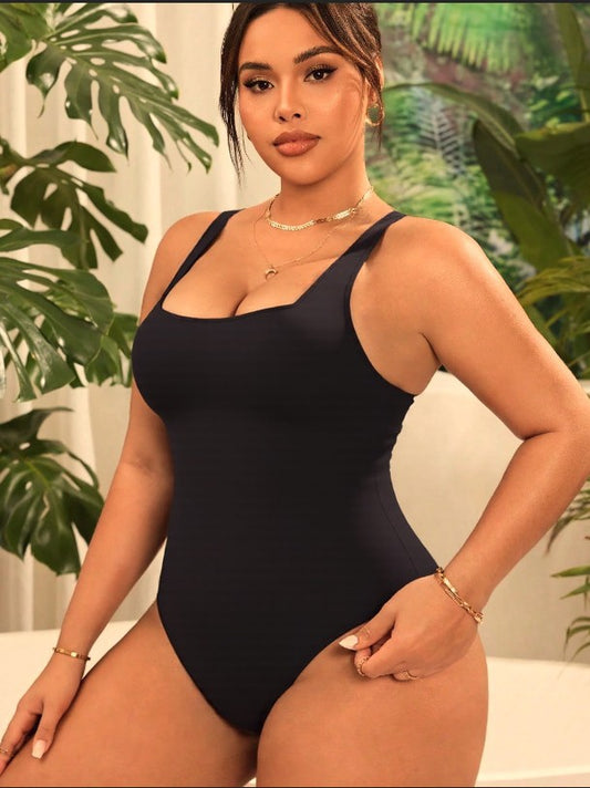 Black Plus Size Square Neck One-Piece Swimsuit | Curvy Women's Swimwear