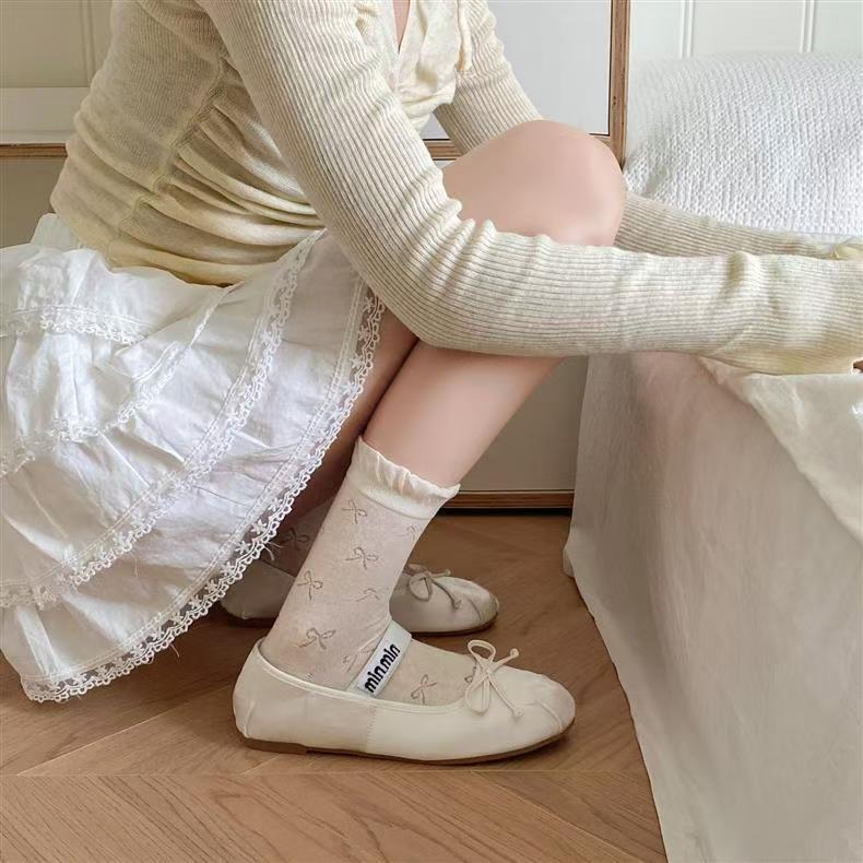 Ruffled Bow Cotton Crew Socks | Balletcore Socks for Women