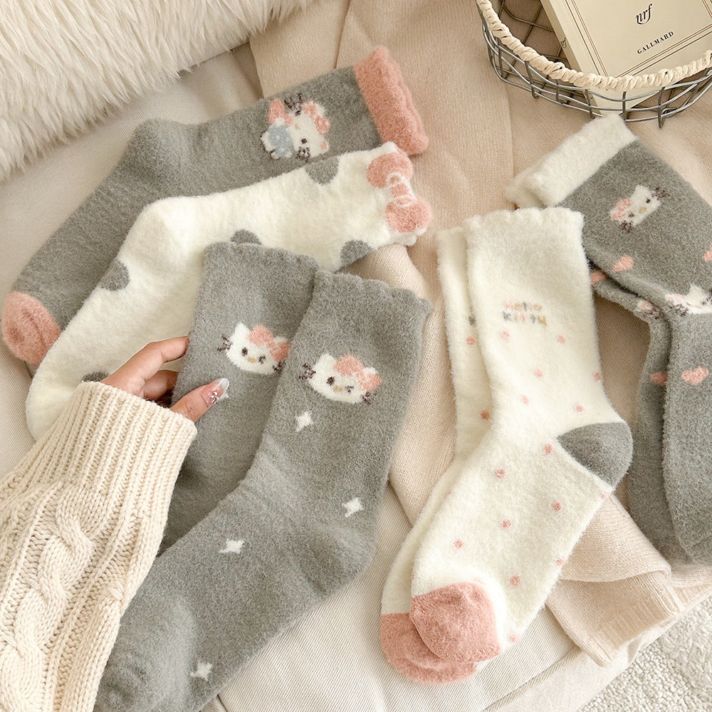 Cute Fuzzy Cozy Crew Socks | Hello Kitty Winter Socks for Women