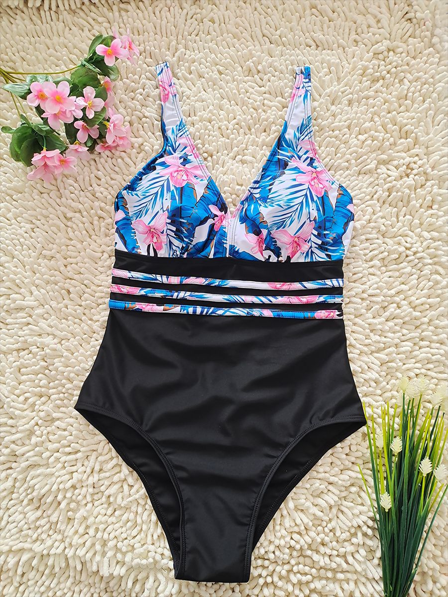 Tropical Floral V-Neck One-Piece Swimsuit | Sexy Women's Swimwear