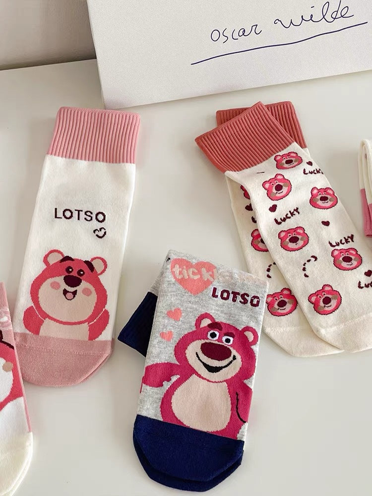 Cute Cotton Novelty Crew Socks | Strawberry Bear Print for Women