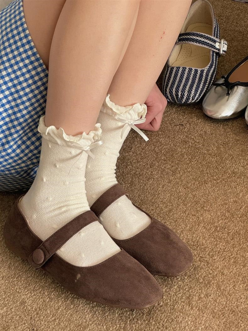 Ruffled Polka Dot Crew Socks for Women | Breathable Bow Socks