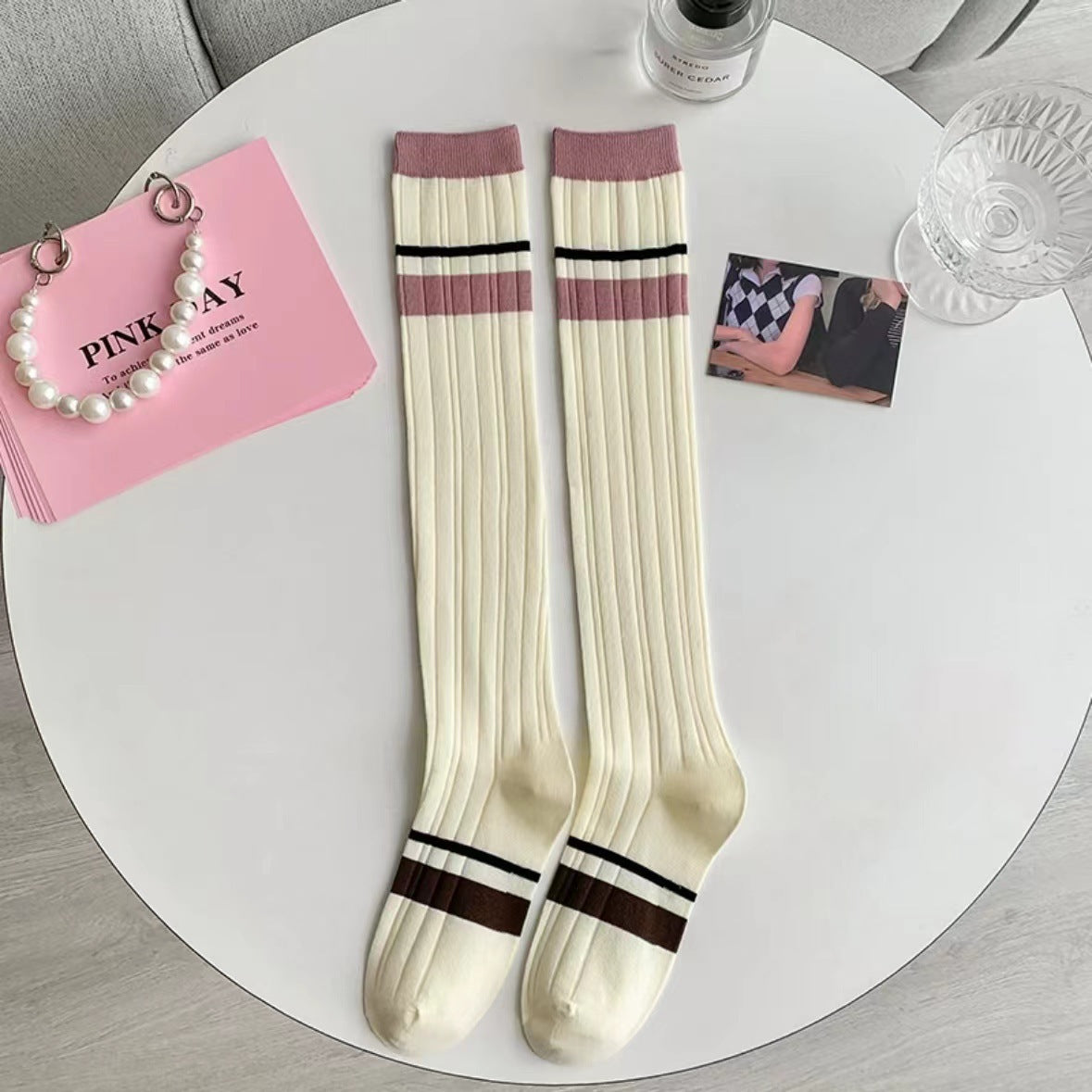 Pink Striped Knee High Socks | Women's Preppy Patterned Calf Socks