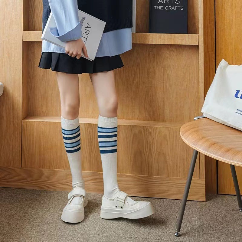 Blue Striped Calf High Socks | Preppy JK Style Women's Socks
