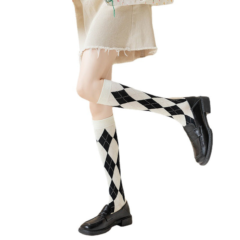 Argyle Patterned Calf Socks for Women | Preppy Cotton Socks