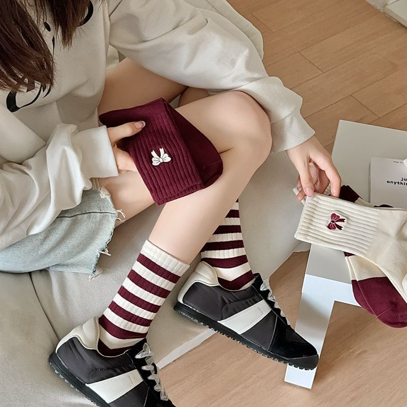 Cute Crew Socks for Women | Burgundy Casual Mid-Calf Socks