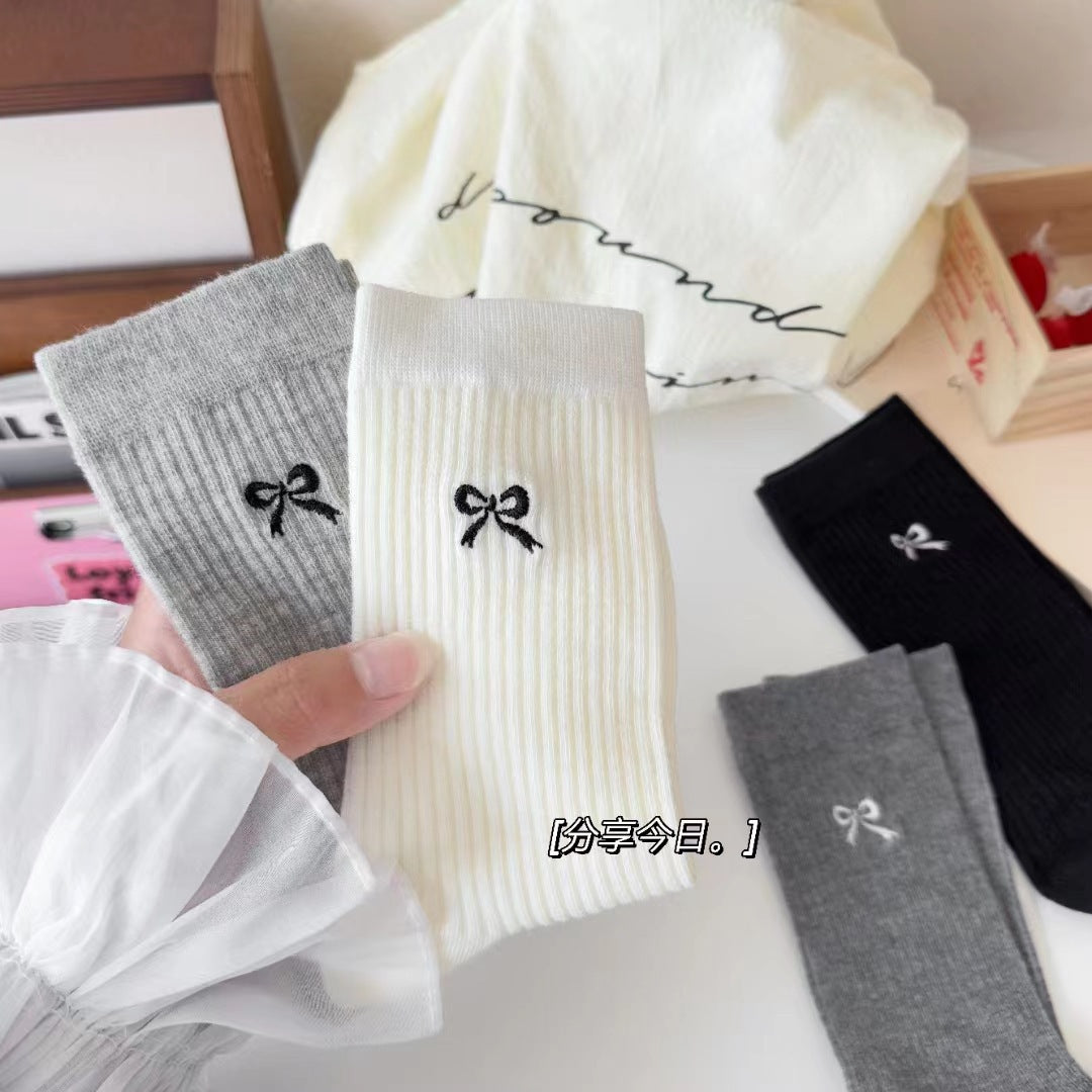 Embroidered Bow Cotton Crew Socks for Women | Casual Everyday Socks