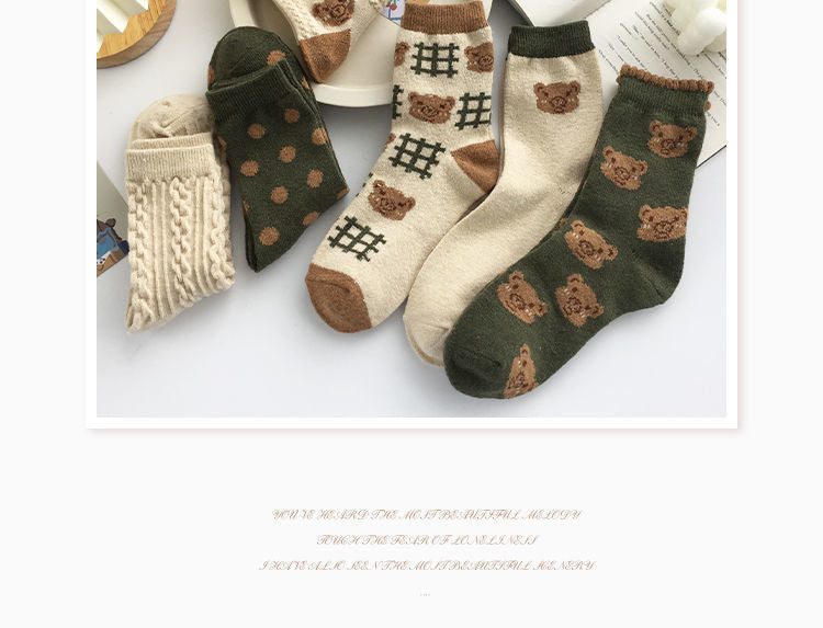 Vintage Bear Cotton Crew Socks | Cozy Winter Women's Socks
