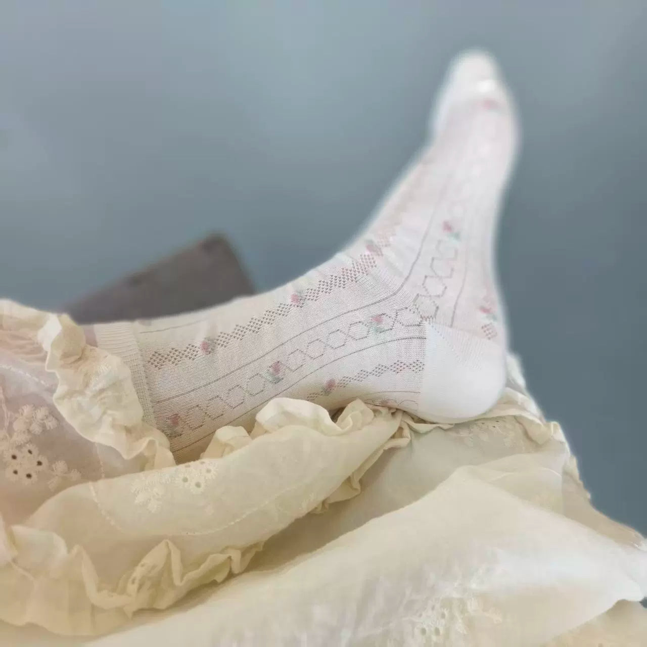 Floral Mesh Cotton Crew Socks for Women | Breathable Spring Summer