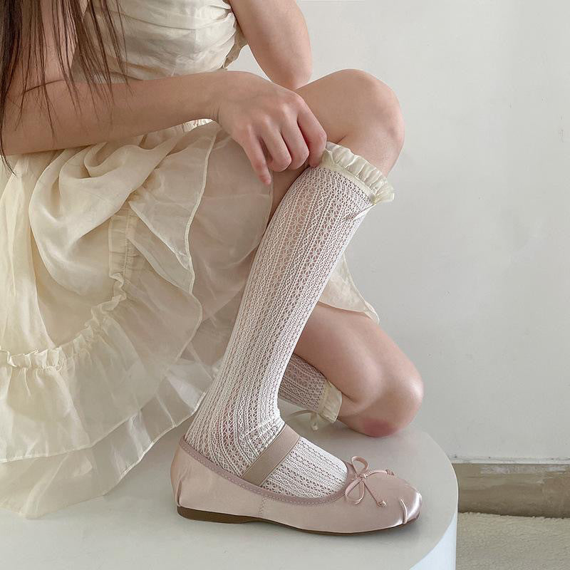 Lace Bow Ballet Crew Socks | Openwork Ruffle Socks for Women