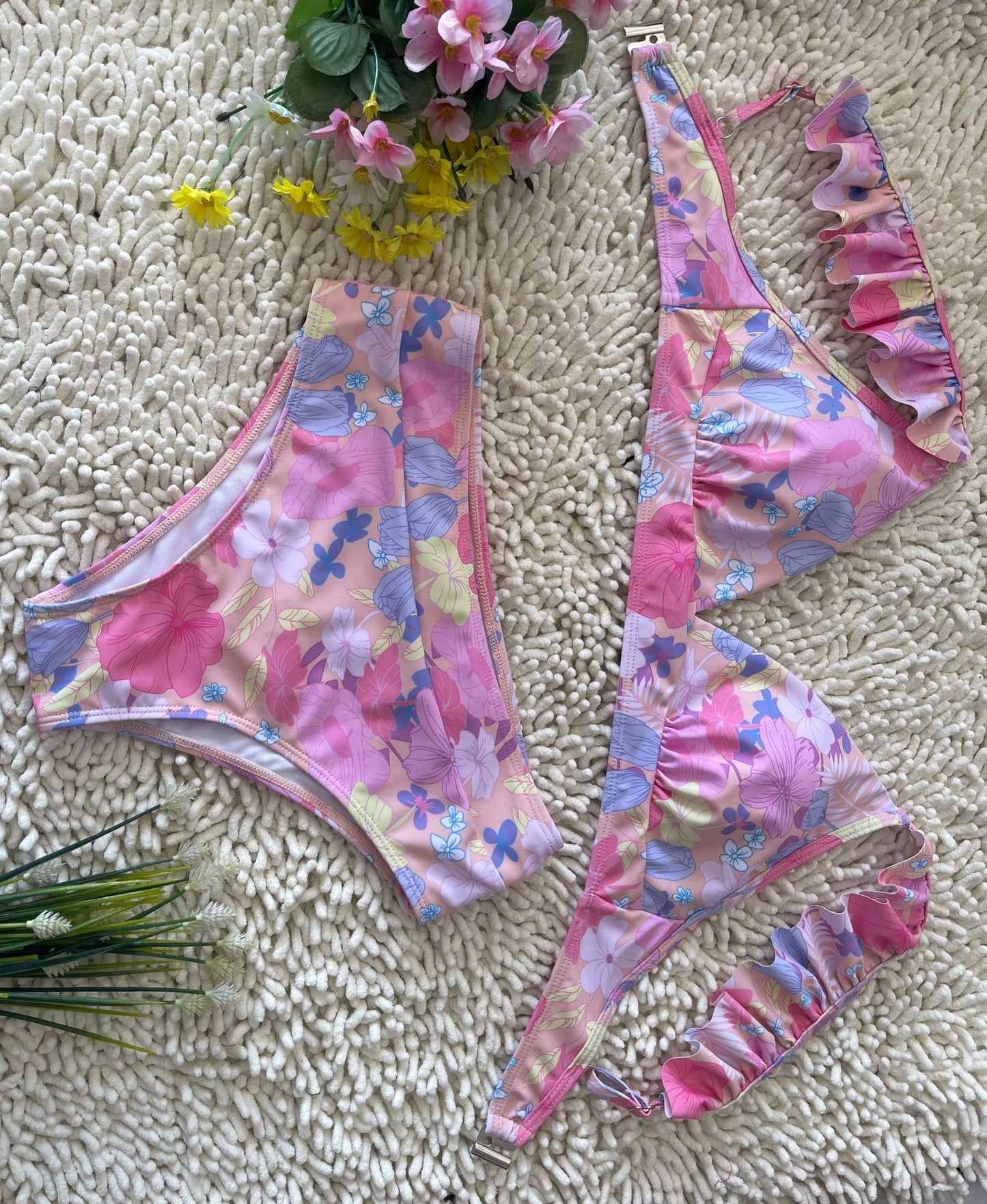Pink Floral Ruffled High-Waisted Bikini Set | Women's Beach Swimwear