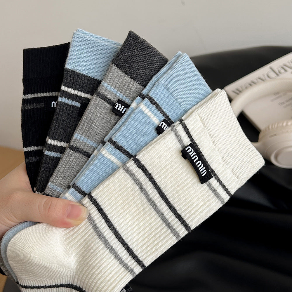 Women's Striped Cotton Crew Socks | Trendy Mid-Calf Socks
