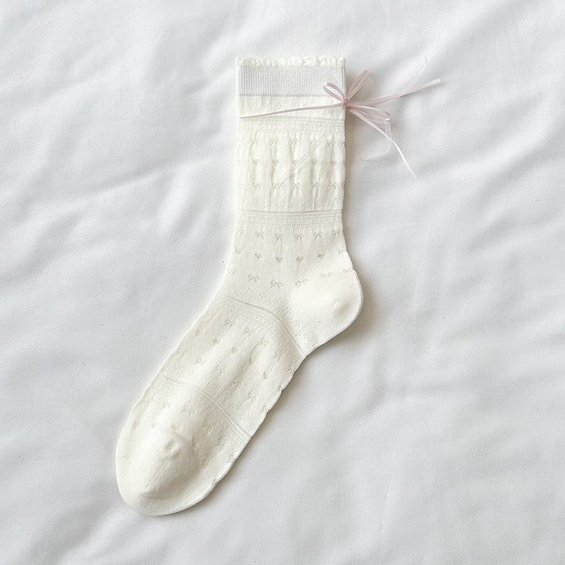 Sheer Cotton Crew Socks for Women | Bow Back Lace Trim