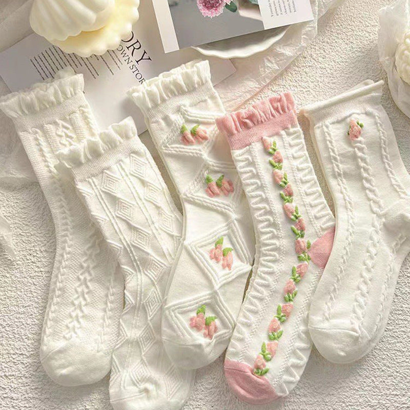 White Ruffle Floral Crew Socks for Women | Cotton JK Style