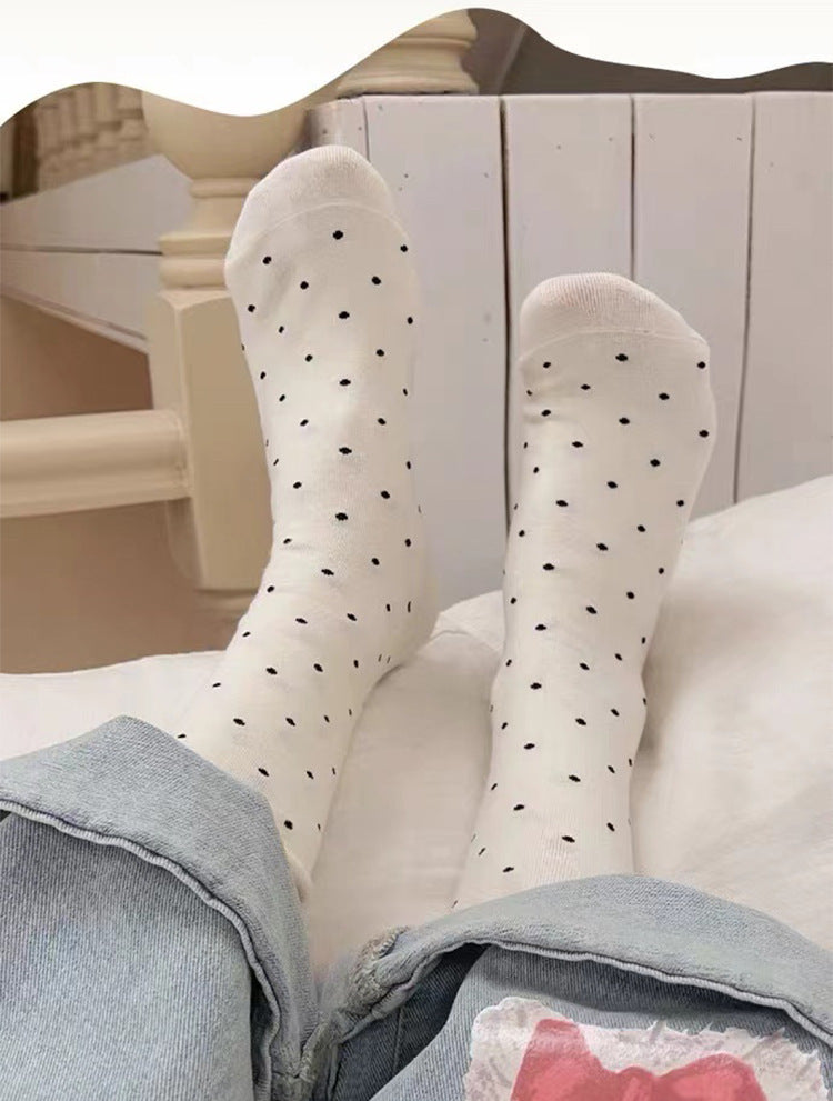Polka Dot Cotton Crew Socks | Women's Rolled Edge Mid Calf Socks