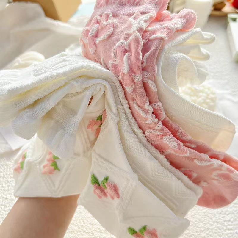 Women's Ruffled Floral Crew Socks | Thin Cotton Spring Summer Socks