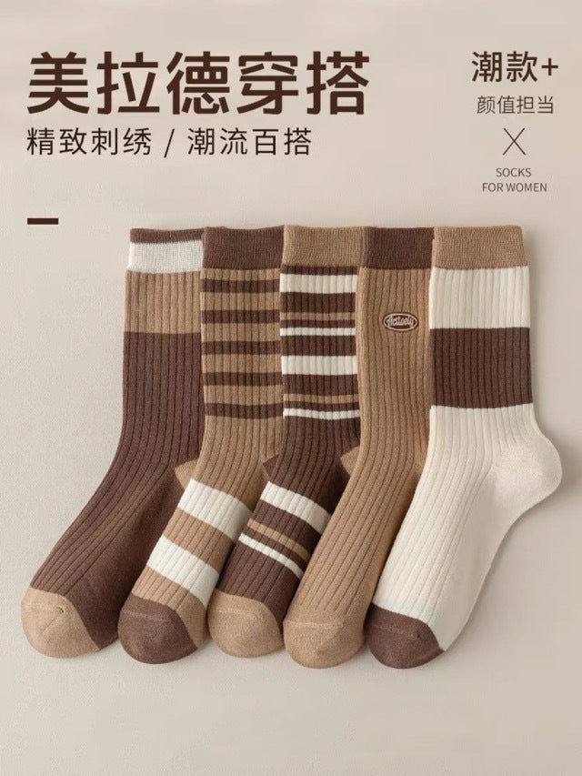 Women's Trendy Brown Crew Socks | Casual Fall Winter Mid-Calf