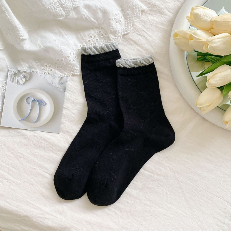 Ruffled Bow Cotton Crew Socks | Balletcore Socks for Women