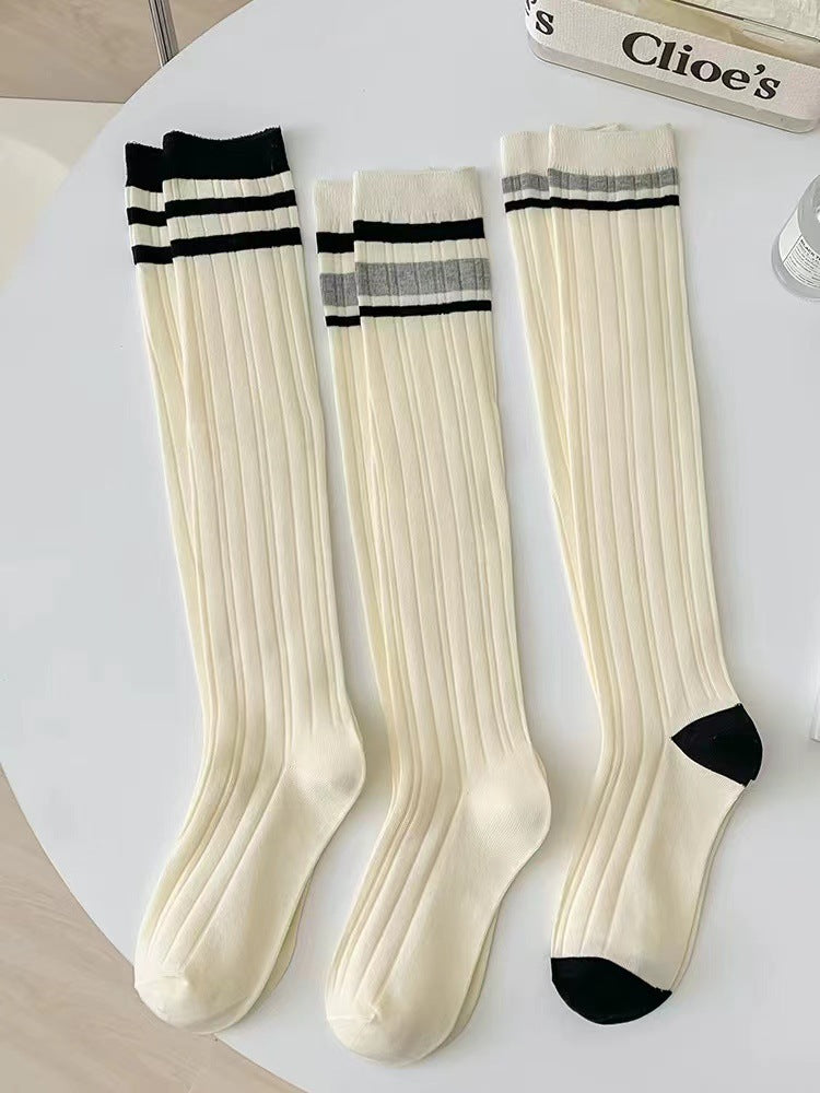Striped Calf High Socks for Women | Cream Striped Casual Crew