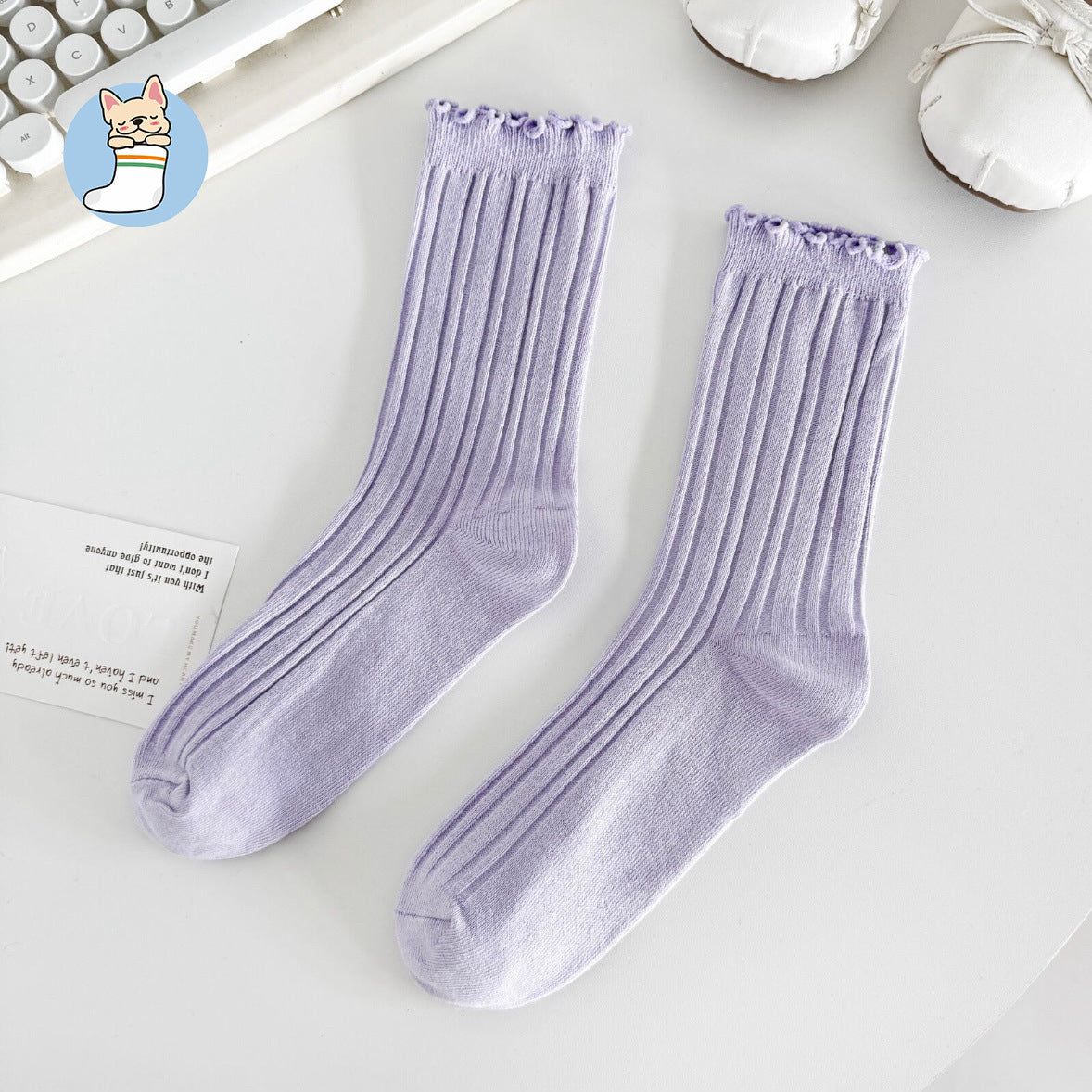 Ruffle Trim Solid Cotton Crew Socks for Women