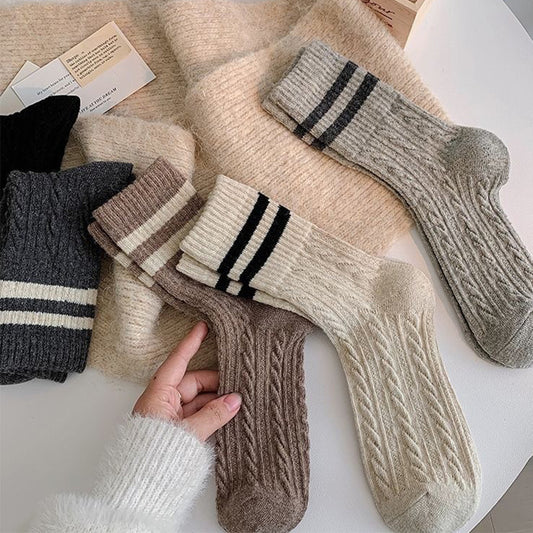 Cable Knit Two-Stripe Cozy Crew Socks for Women