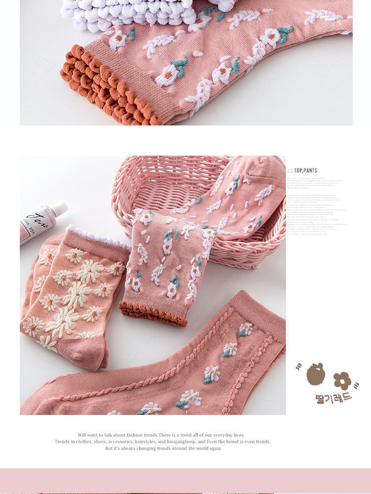 Women's Floral Pink Crew Socks | Cotton Textured Patterned Socks