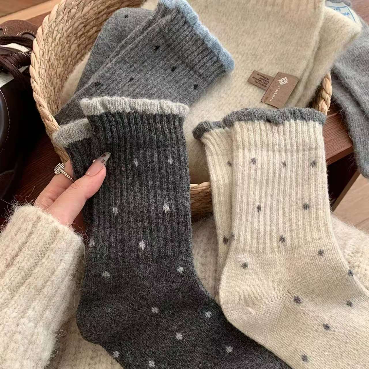 Warm Cozy Polka Dot Crew Socks for Women | Ruffled Winter Socks