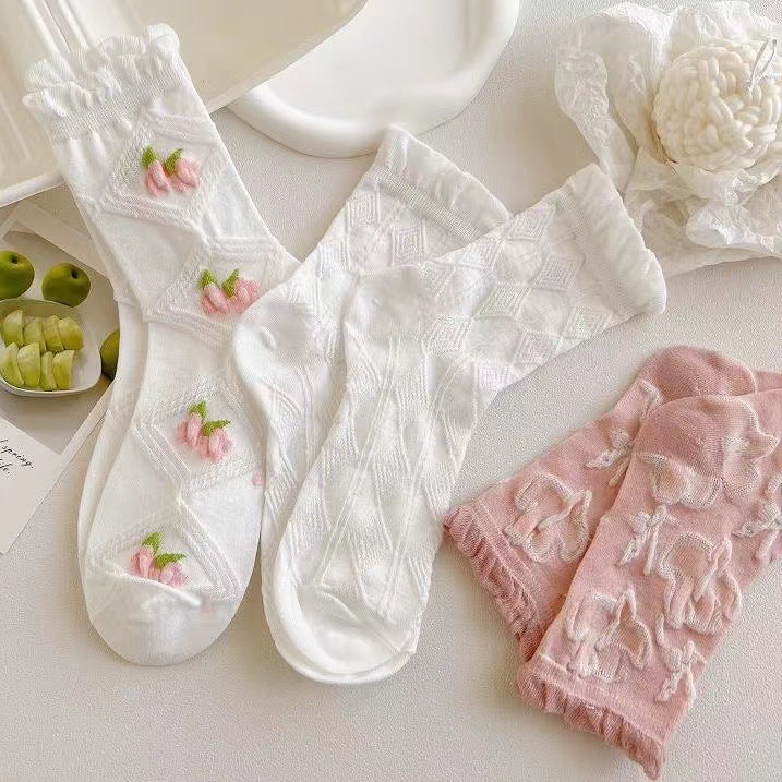 White Ruffle Floral Crew Socks for Women | Cotton JK Style